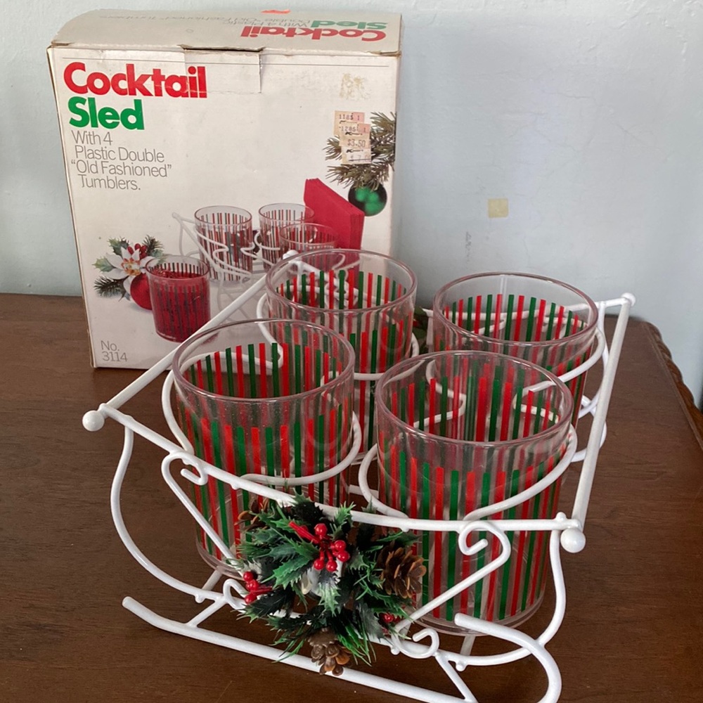 Vintage 1980s cocktail sled set of 4 striped tumblers in metal Christmas sleigh